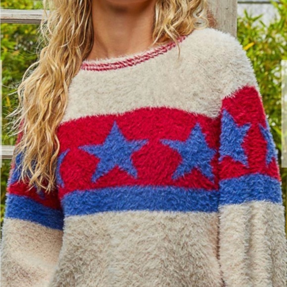 NWT POL oversized patriotic star soft pullover sweater. Cream/red/blue size S - Picture 3 of 6
